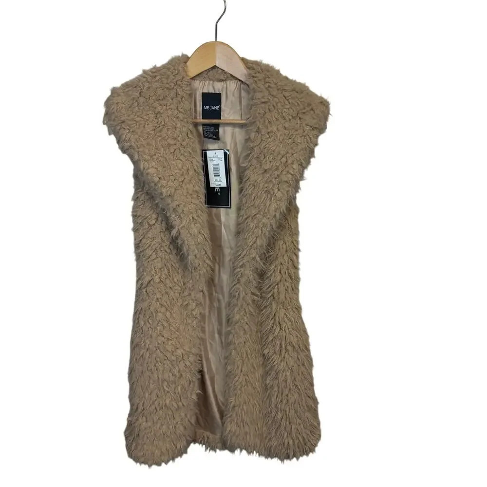 New Me Jane Faux Fur Sherpa Long Boho Shawl Collar Vest Tan Women's XS